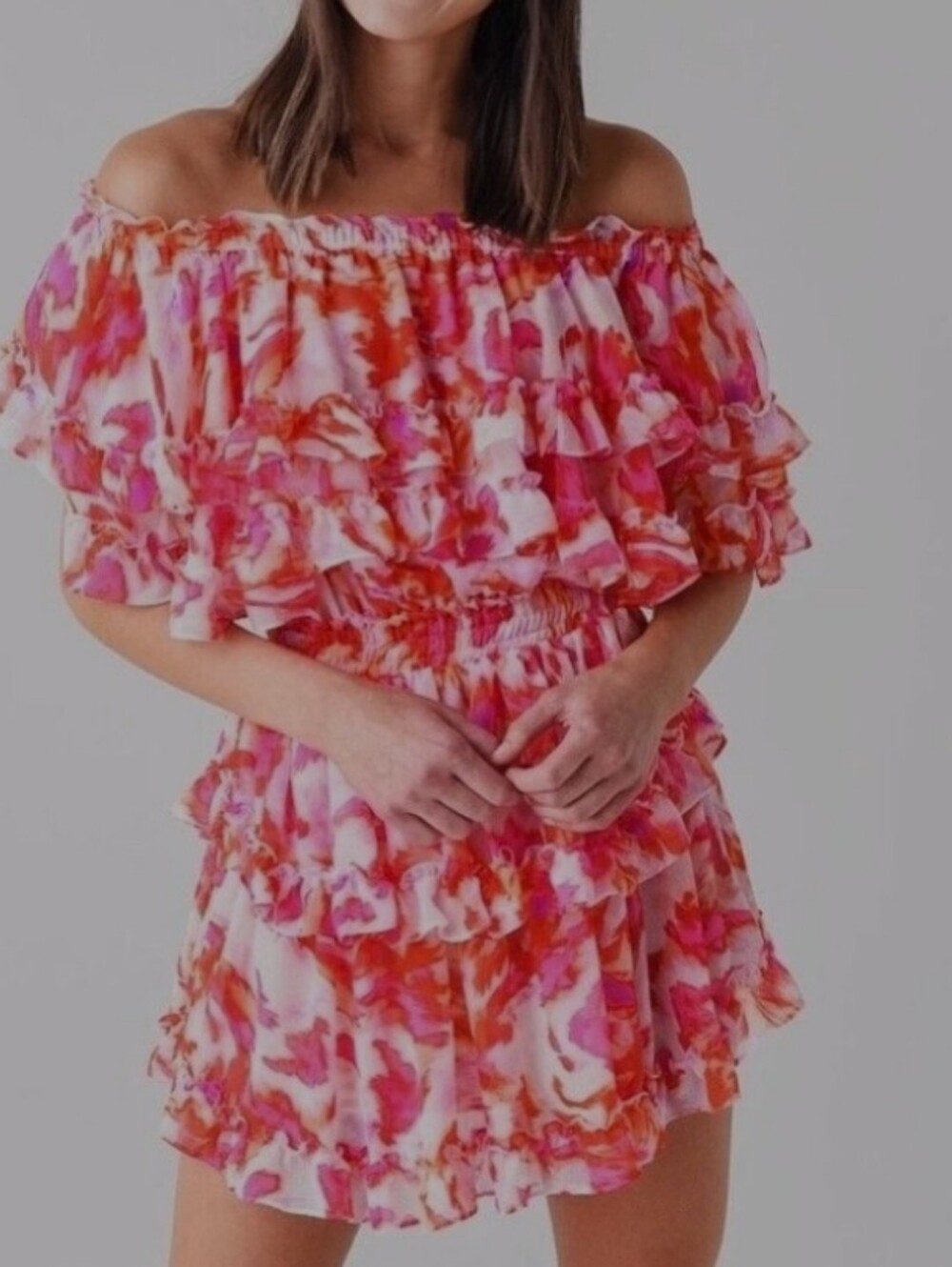 Misa Los Angeles Pink & Orange Floral Ruffled Blouse